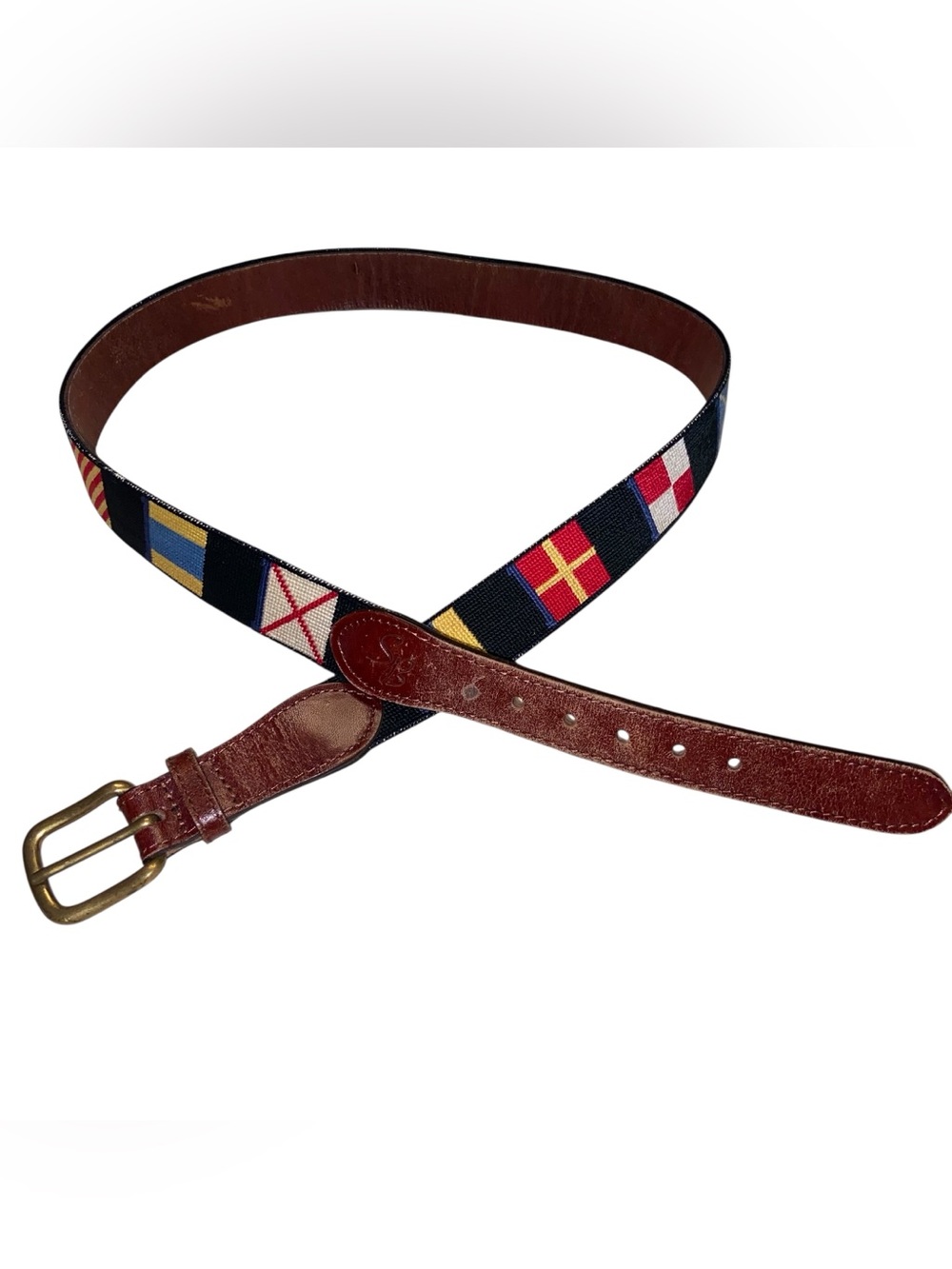 Smathers & Branson Needlepoint Belt Mens 40 Navy Nautical Signal Flags Leather
B